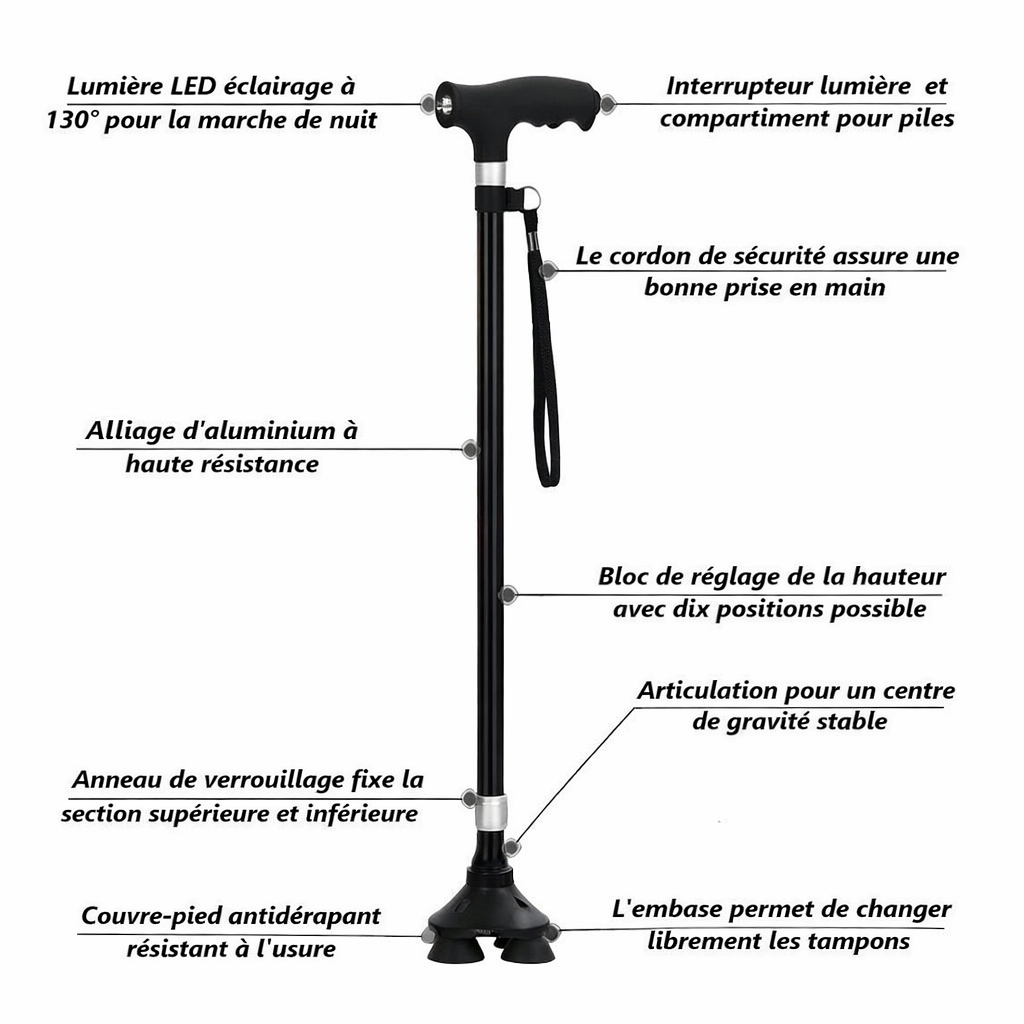 Canne de marche LED multifonctionnelle réglable