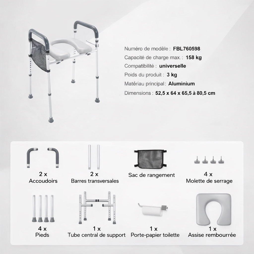 Siège de toilette surélevé réglable avec accoudoirs